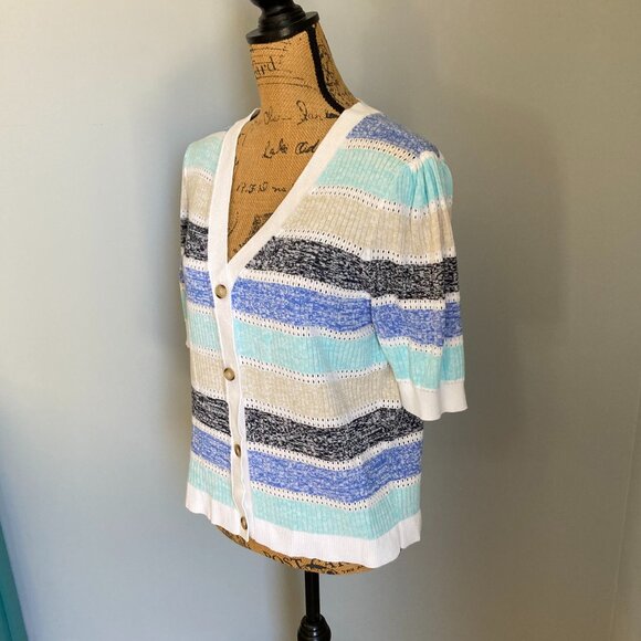 Loft NWT Striped Puff Sleeve V-Neck Cardigan Top Women Size XL White Blue Gray - Picture 3 of 12